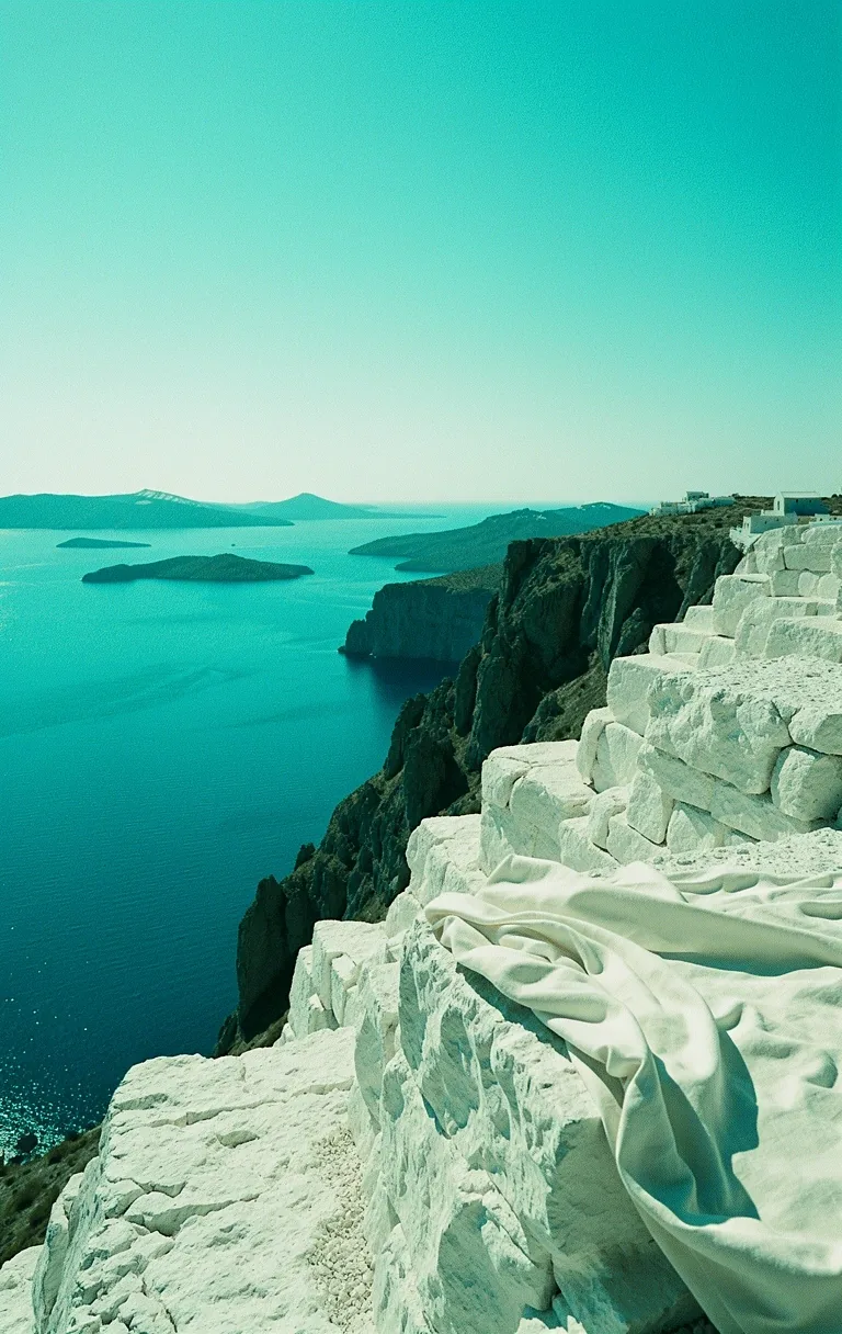 Aegean coastal landscape with white stone and linen textures