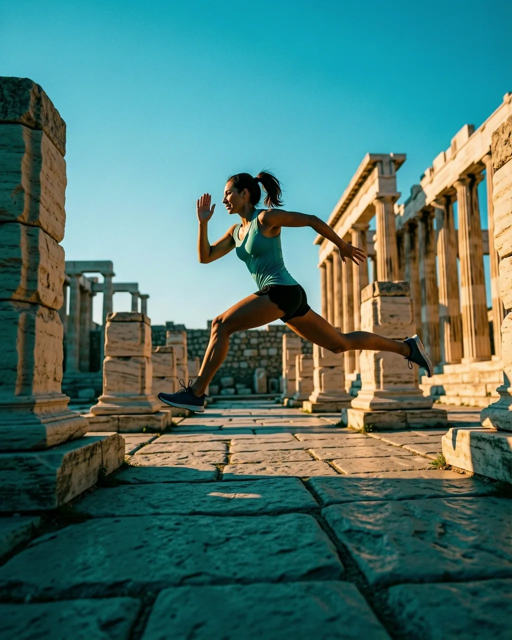 Athletic movement against architectural ruins